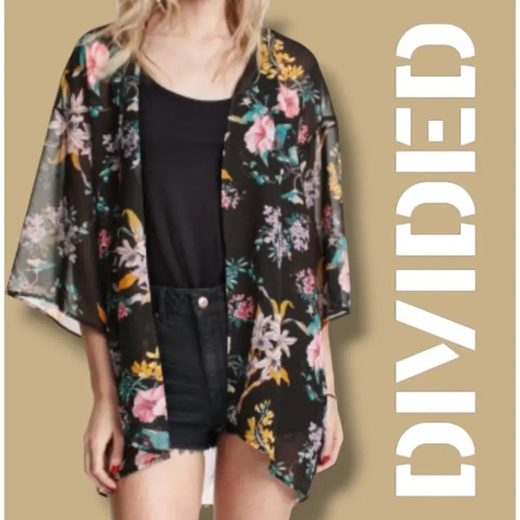Divided by H&M women's black floral 3/4 sleeves open front cardigan kimono - Picture 8 of 8